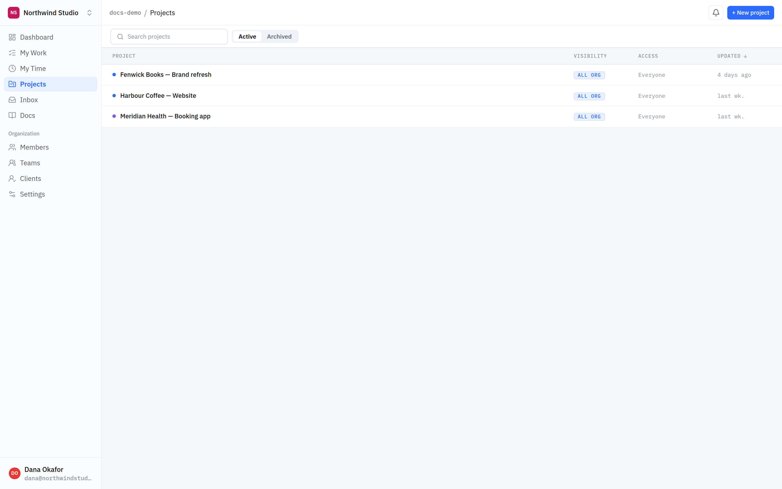 The projects list, showing three projects with their visibility and access columns.