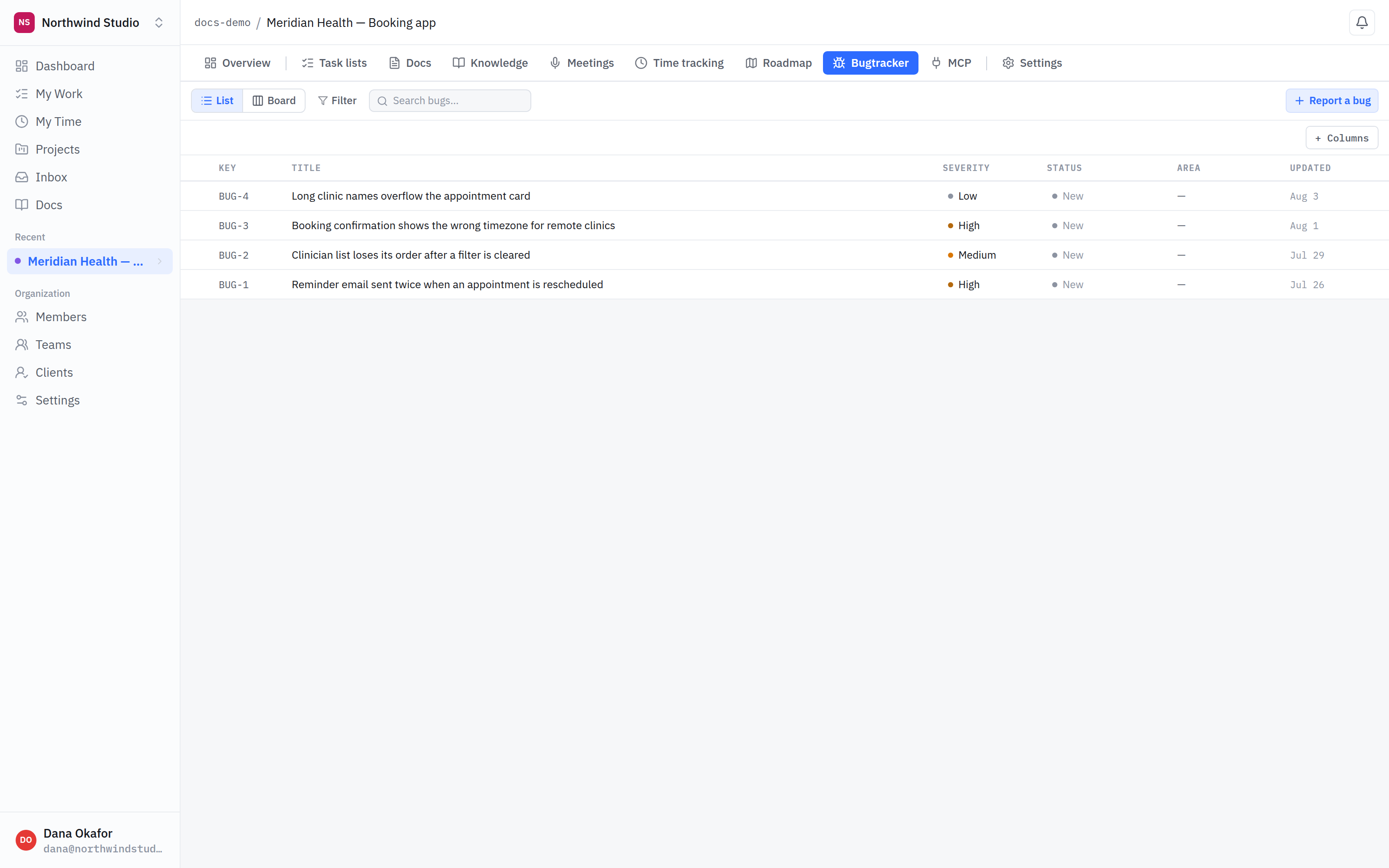 A project's Bugtracker listing four bugs with their keys, titles, severities and statuses.