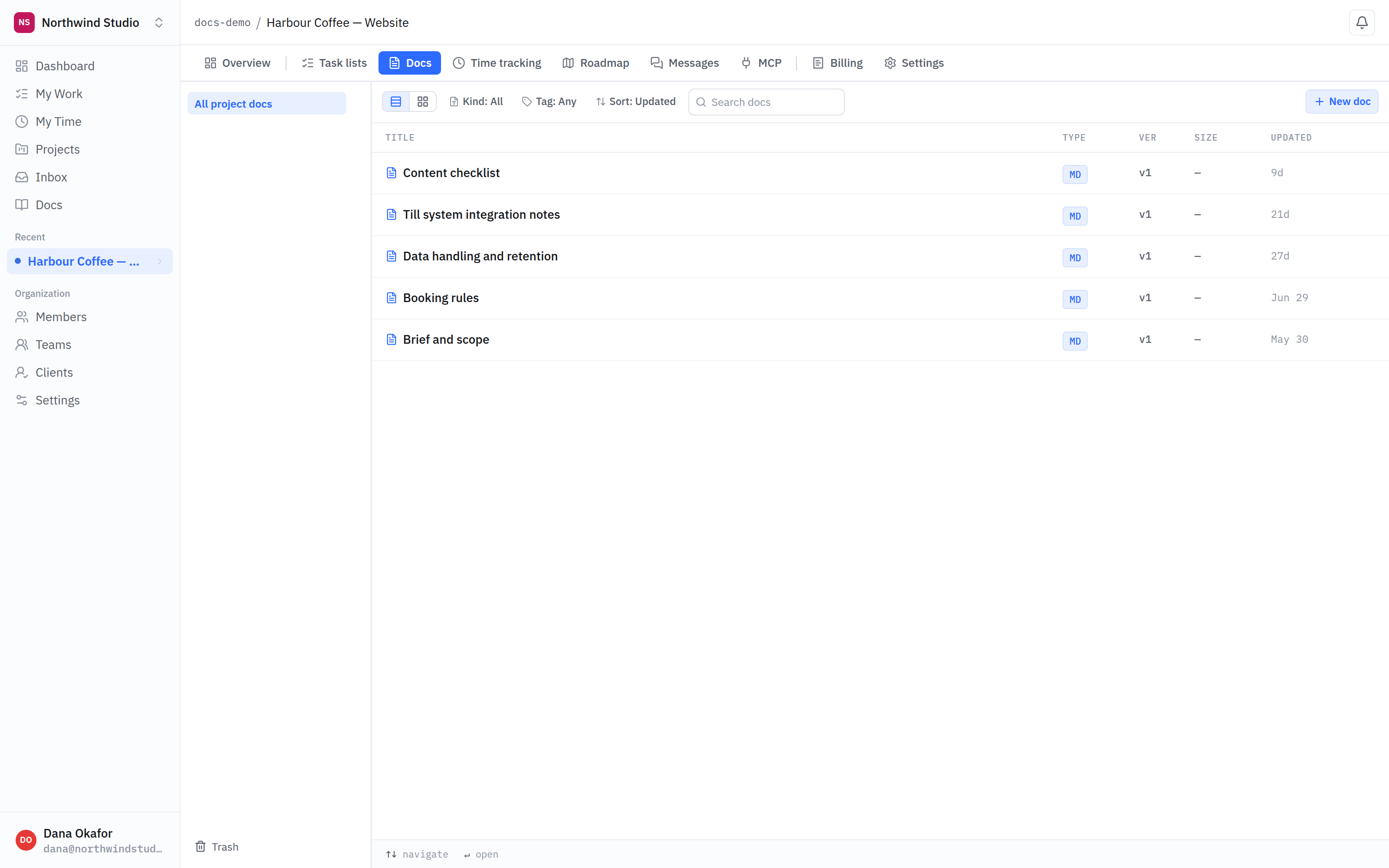 A project's Docs tab listing five documents with their kind, version and when each was last updated.