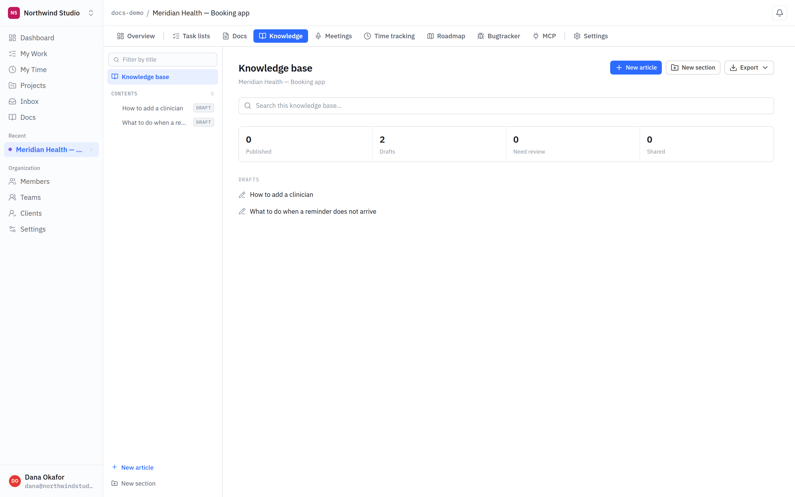 A project's knowledge base, showing articles in a contents tree.
