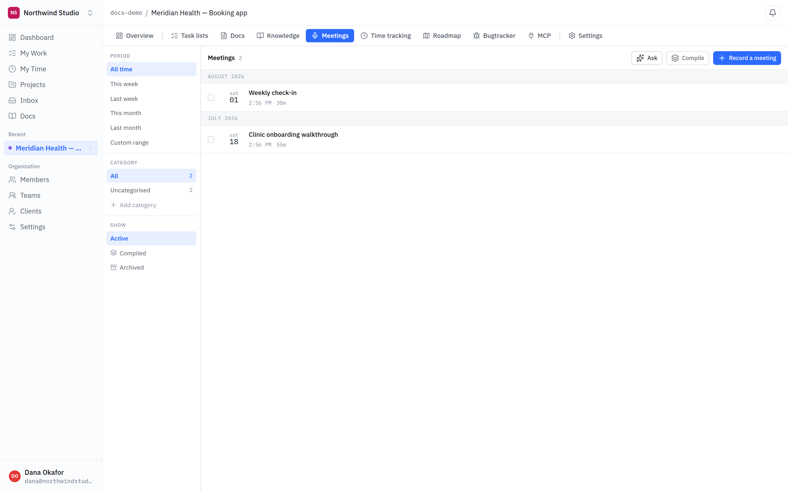 A project's Meetings tab listing two recorded meetings grouped by month, beside filters for period, category and state.