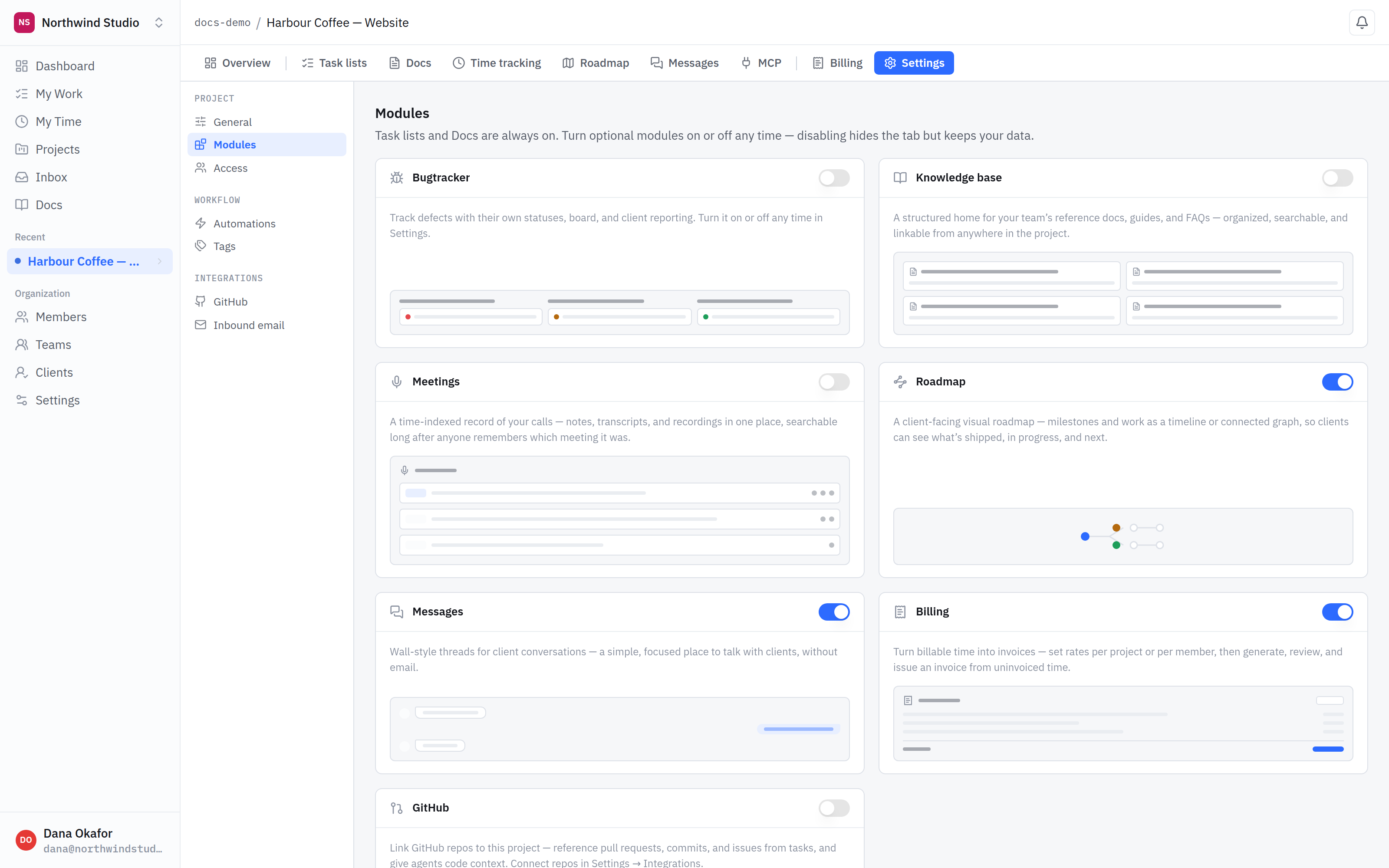 The project settings Modules screen, showing each optional module as a card with an on/off switch. Roadmap, Messages and Billing are on; Bugtracker, Knowledge base, Meetings and GitHub are off.