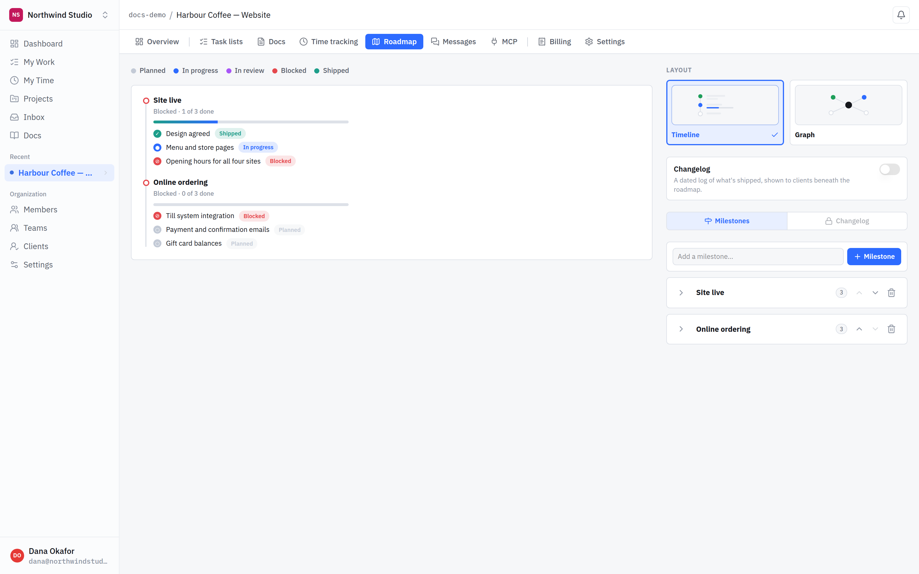 A project roadmap with two milestones, each listing its items and their statuses, beside a panel for choosing the layout and adding milestones.