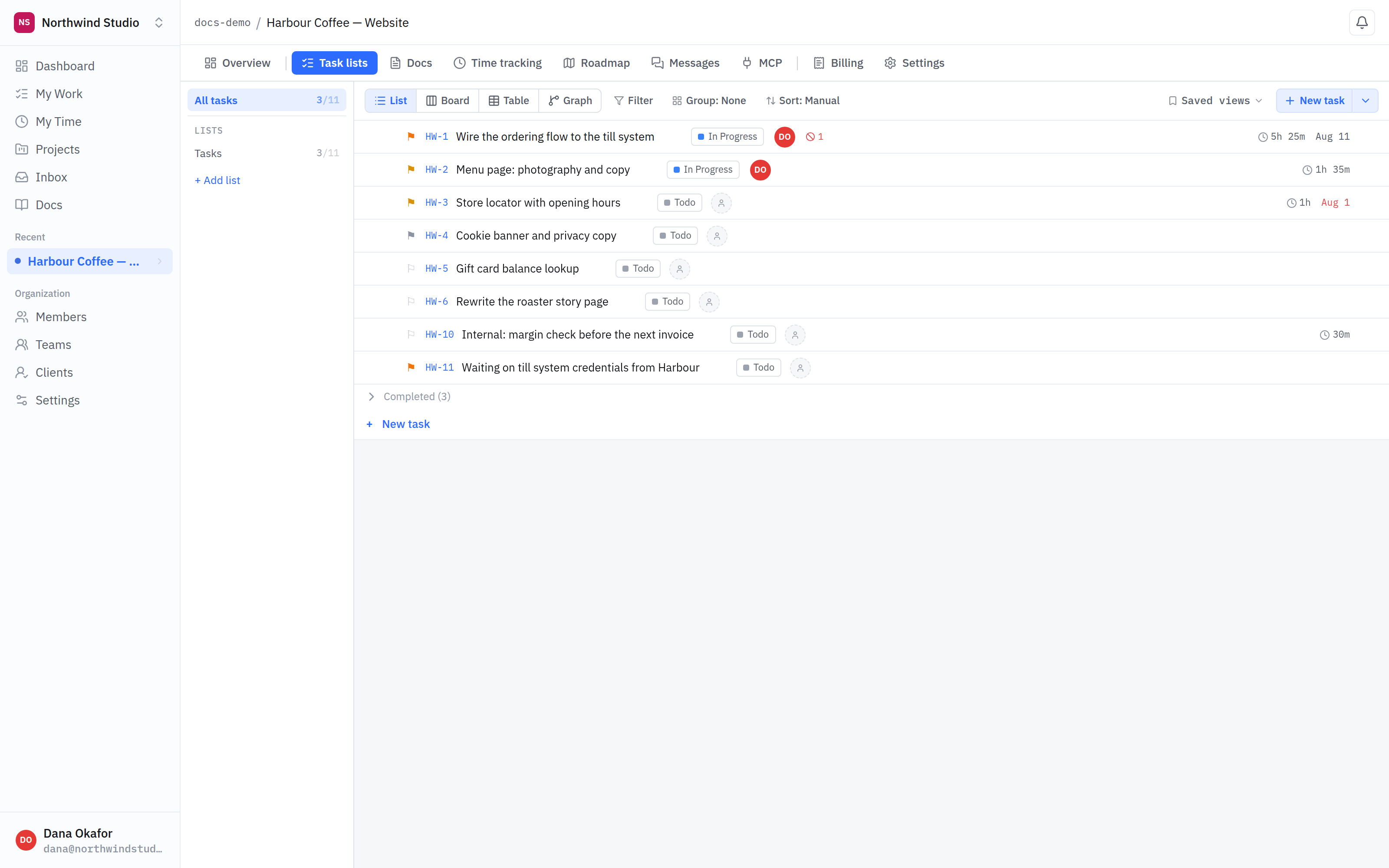 A project task list, including a task marked internal alongside ordinary client-visible tasks.