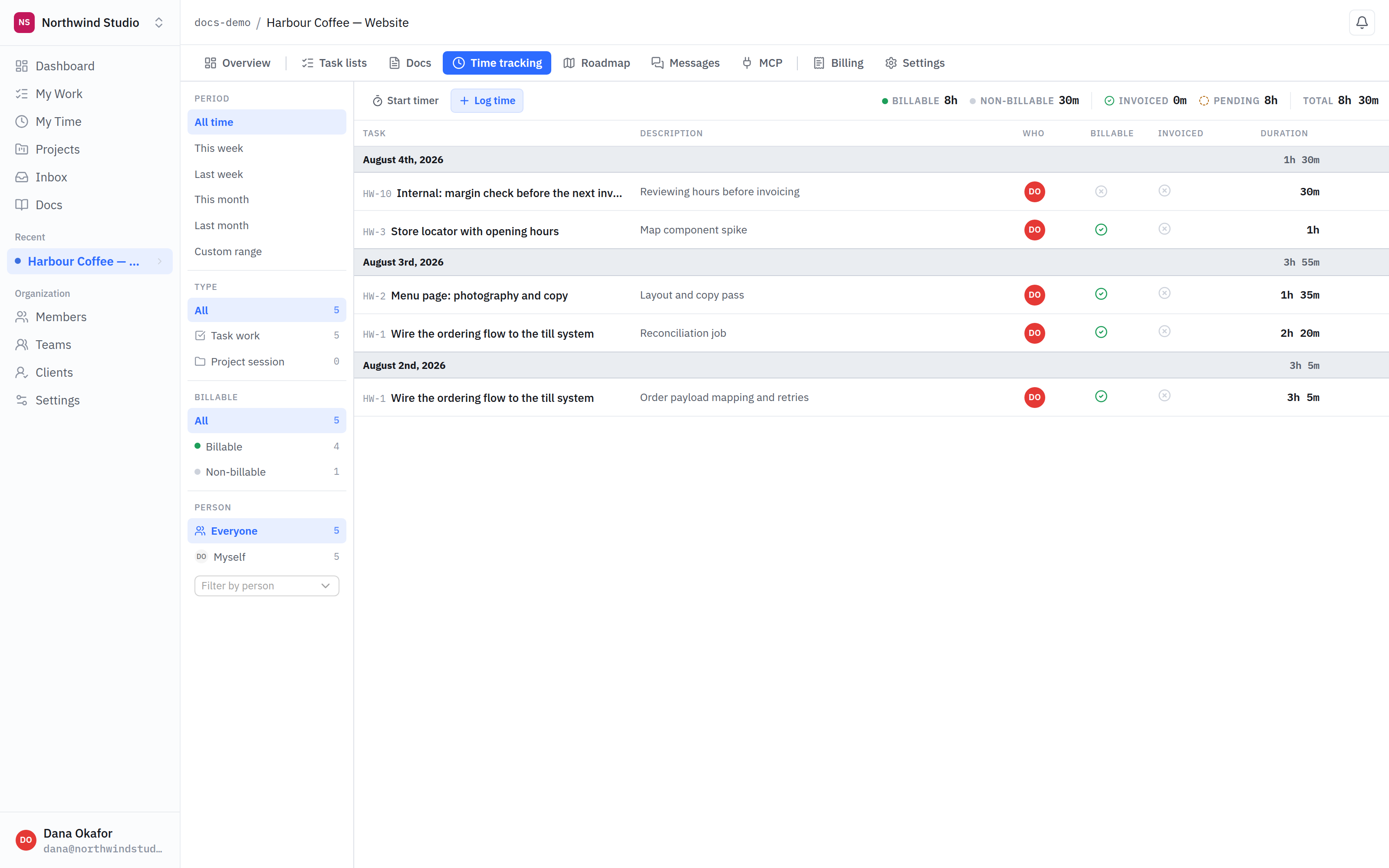 A project's time screen, listing entries against tasks with durations and whether each is billable.